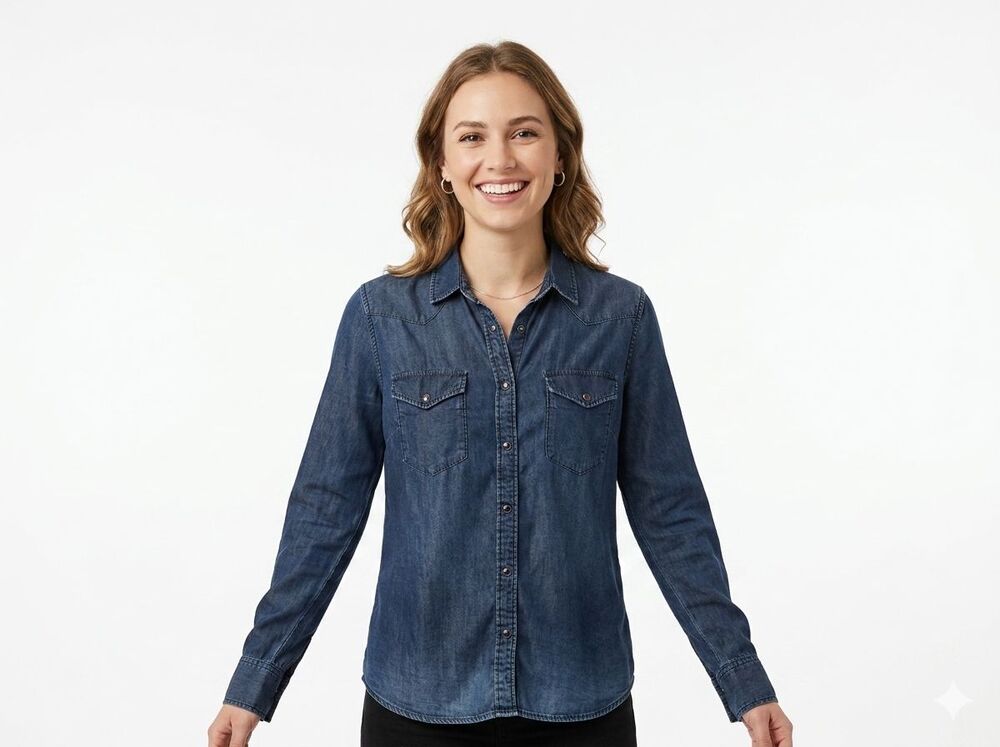 Lucky Brand Western Shirt Womens Small S Dark Wash Denim Chambray Lyocell Snap